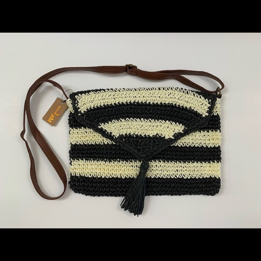 Striped Black/White Boho Straw Crossbody Bag Boho Vibes - NWT